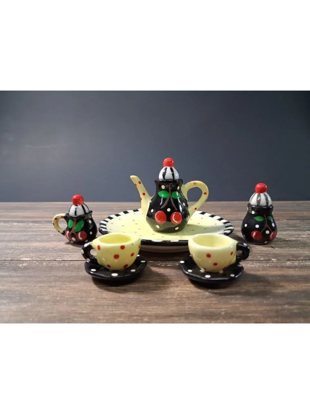 Mary Engelbreit Miniature Tea Pot Creamer Sugar Cup Plate Cherries Vintage